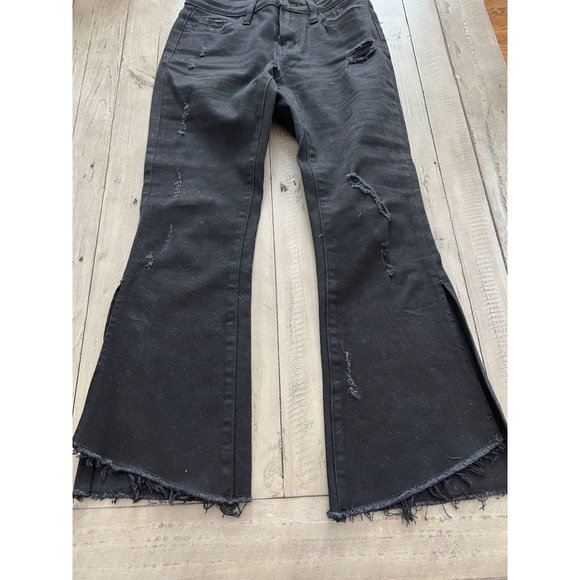 FLYING MONKEY Black - Mid Rise Crop Kick Flare Denim Jeans with Side Slit 24 - Picture 3 of 4